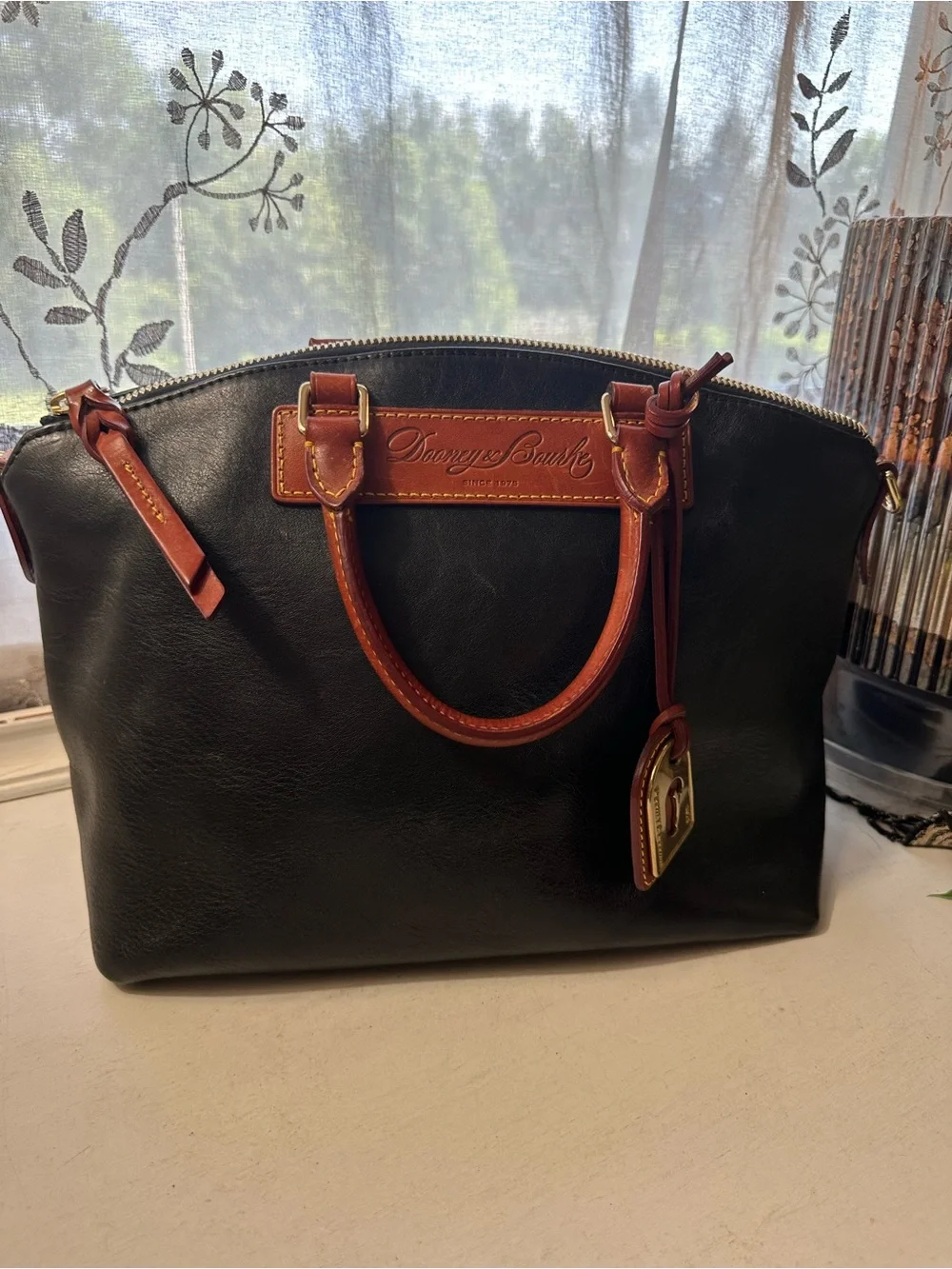 Dooney & Bourke Black Florentine Vacchetta Leather Dillen II Satchel w/Brass Tag